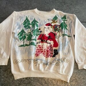Vintage Handpainted Santa Christmas Crewneck Sweatshirt USA Womens Large White